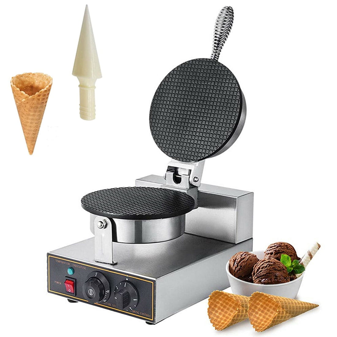 INTBUYING Commercial Egg Roll Waffle Maker Ice Cream Cone Maker Silver