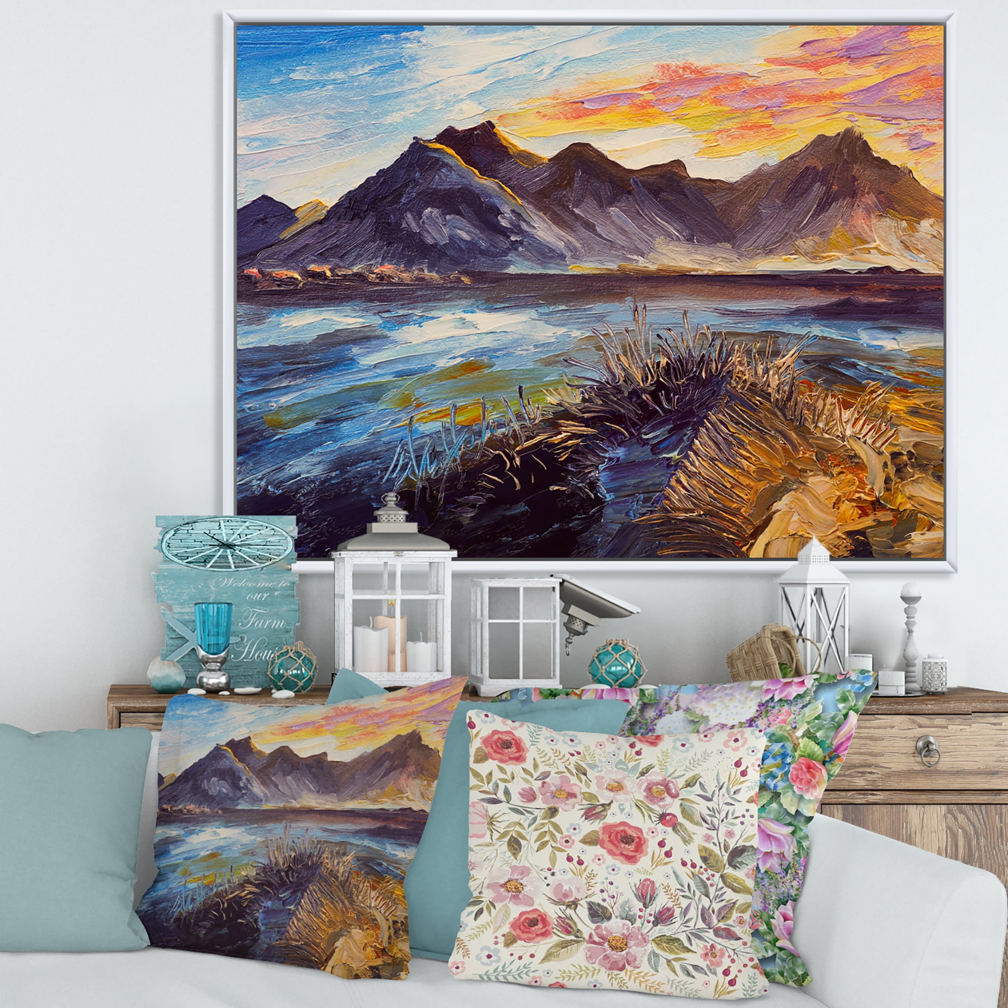 Impression Pink Sunset Over The Mountains By The Sea 32 in x 24 in Framed Painting Canvas Art Print, by Designart