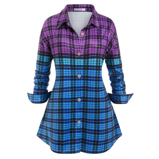 Camisa de Botón de ColorBlock Plaid Color Block Rosegal Blusas Tallas Grandes