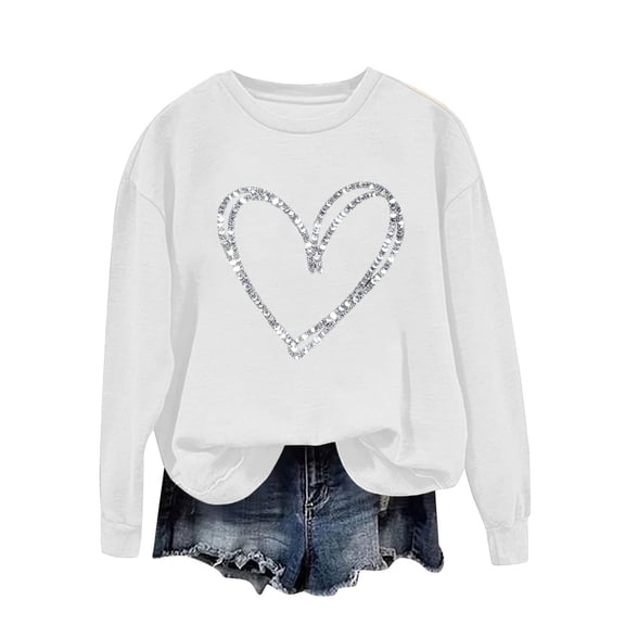Enjoytime Valentine's Day Women's Sweatshirt Printed Long Sleeve Pullover Tops Fashion Casual Loose Crewneck Sweatshirts White XXL