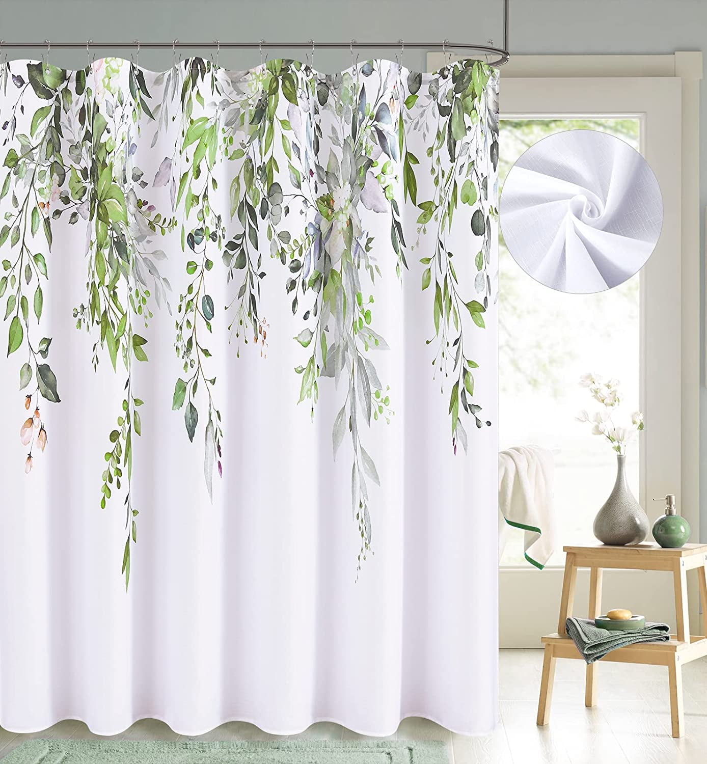 Floral Shower Curtain Green Eucalyptus Colorful Leaves on The Top Plant