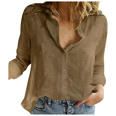 Women S Tops  Loose Blouses Casual Solid Lapel V Neck Long Sleeve Button Down Linen Shirt Lightweight Tops For Women Pink Flannel Shirt Womens Summer Tops Tank Corset Tops (4XL  Brown) ZMTing