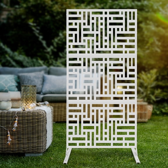 6.2ft Metal Privacy Screen Outdoor Decorative w/ Stand Freestanding Patio Garden