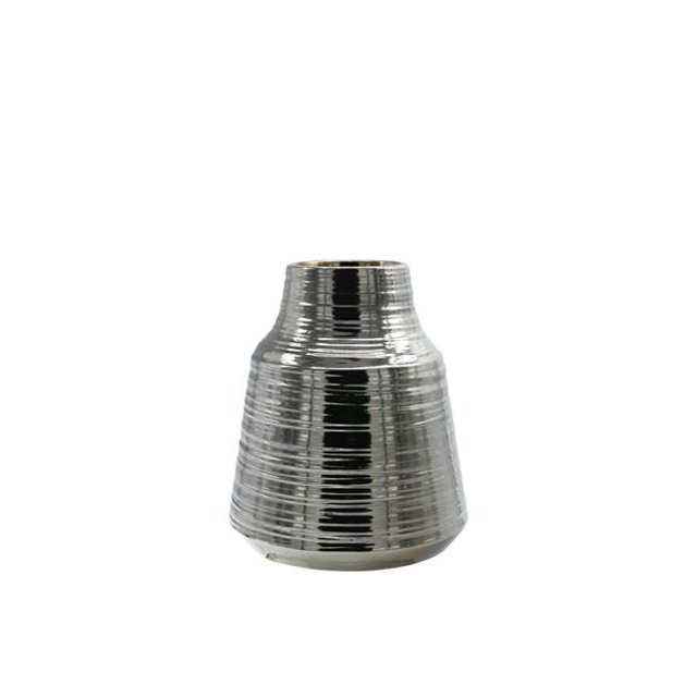 Benjara BM219637 Ceramic Round Vase with Broad Lips & Combed Design, Silver - Set of 2