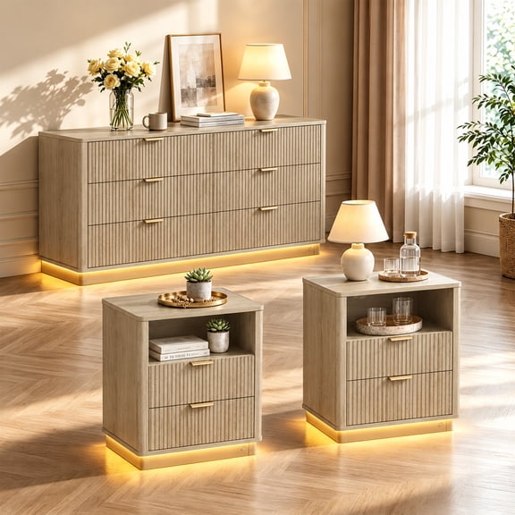 HMstone 3 Pieces Bedroom Furniture Set, Includes 6 Drawer Storage Dresser for Bedroom and Nightstand Set of 2 with Charging Station, Motion Sensor Lights, Natural