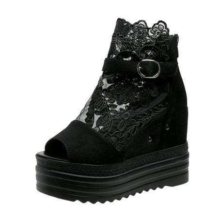 

ZTTD Ladies Fashion Solid Color Summer Breathable Mesh Open Toed Back Zippered High Soled Sandals Black