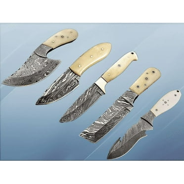 5 pieces Damascus steel skinning knives set. Overall 44 inches long Full tang Damascus steel blade knives. Natural camel bone scale with Damascus Bolster, each knife comes with Cow hide leather sheath