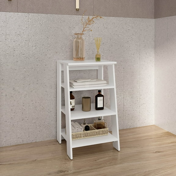 Bathbi 30" High 4-Tier Ladder Shelf Organizer for Bathroom,Side Table,Living Room In White,White Particle Board Bath Faucets Bathroom Storage