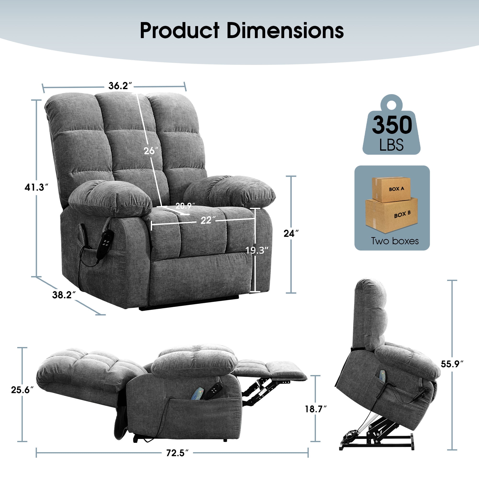 BedLuxury Lay Flat Recliner Power Lift Chair for Elderly with Massage and Heat,Dual Motor Big and Tall Recliner for Living Room with Side Pockets,Infinite Position(Grey)