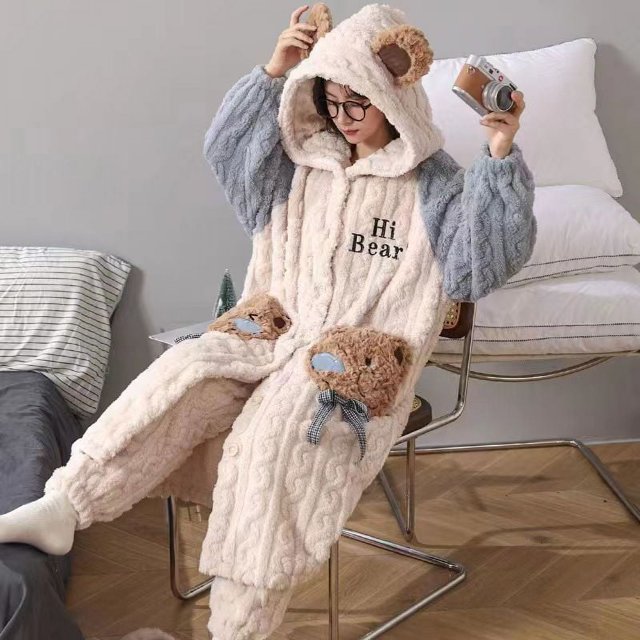 Pyjamas d'Automne et d'Hiver pour Femmes Fraises Corail Velours Pyjamas Confortables en Coton Velours Longs Pyjamas Épaissis