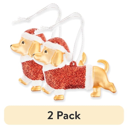 (2 pack) Holiday Time Red and Gold Mini Dachshund Dog Mini Decorative Ornament, 3 Count