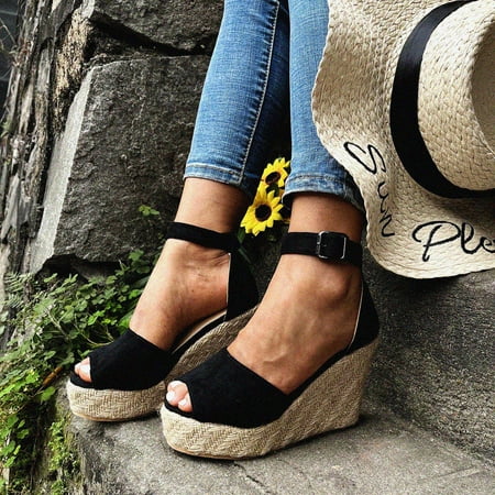

NEGJ Womens Open Toe Well Dressy Platform Sandals Buckle Ankle Strap Wedges Sandals Summer Shoes
