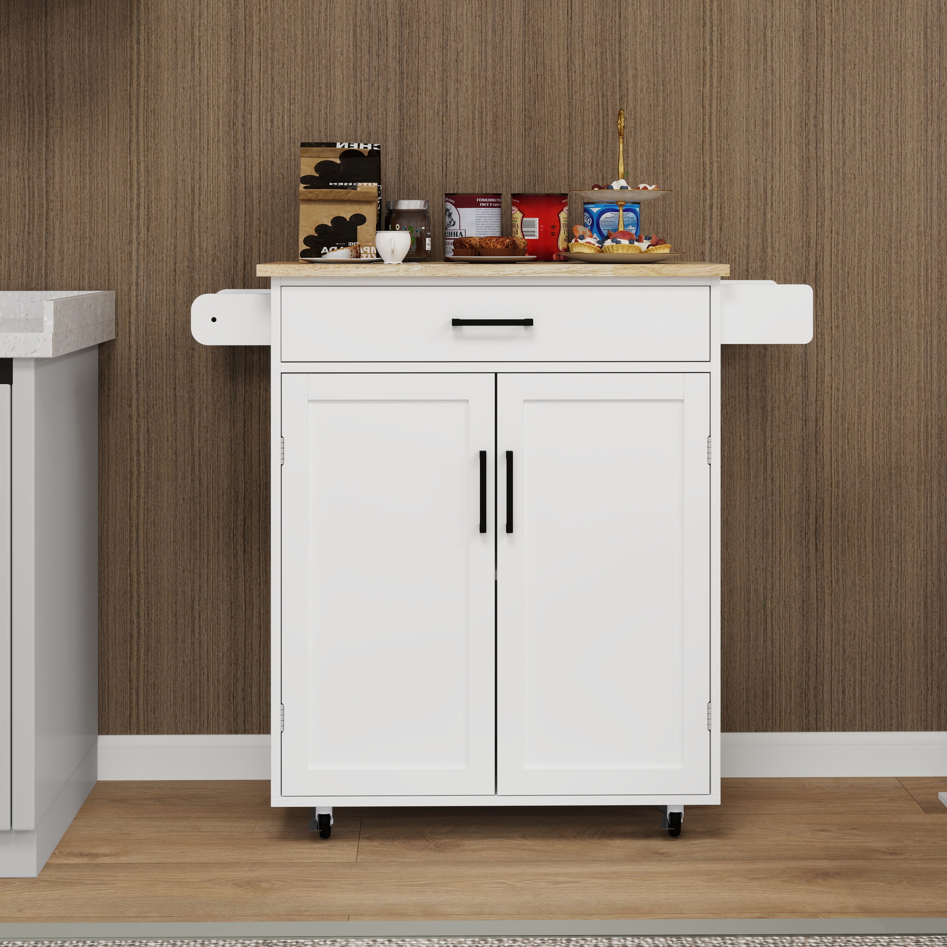 Euroco Kitchen island rolling trolley cart with 1 drawer & 2 doors with storage racks & Adjustable Shelves & towel rack & seasoning rack rubber wood table top-White
