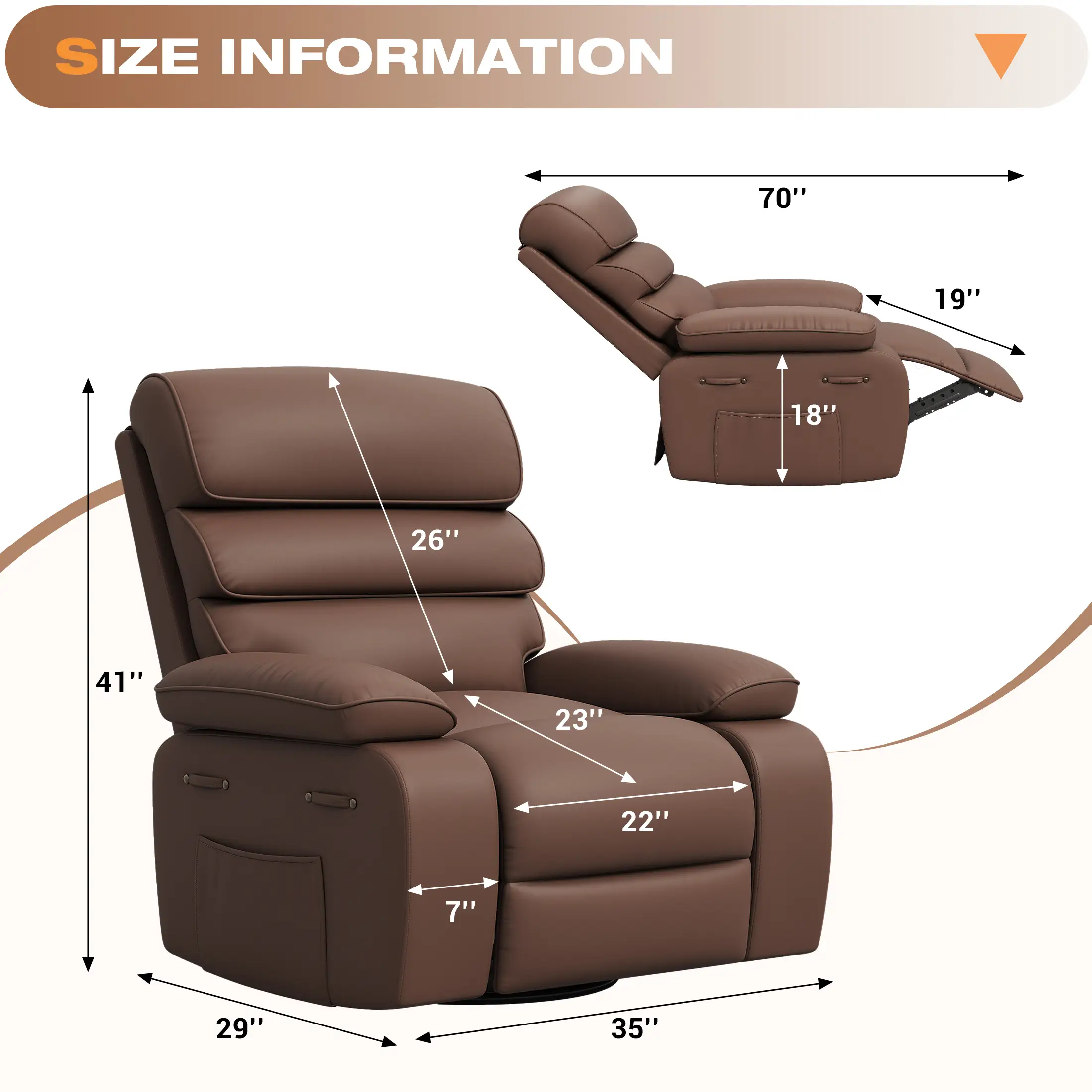 Techmilly Oversized Swivel Rocker  Recliner Chair with Heat and Massage, Adjustable Recline for Living Room,PU Leather (Brown 35" Seat Width)