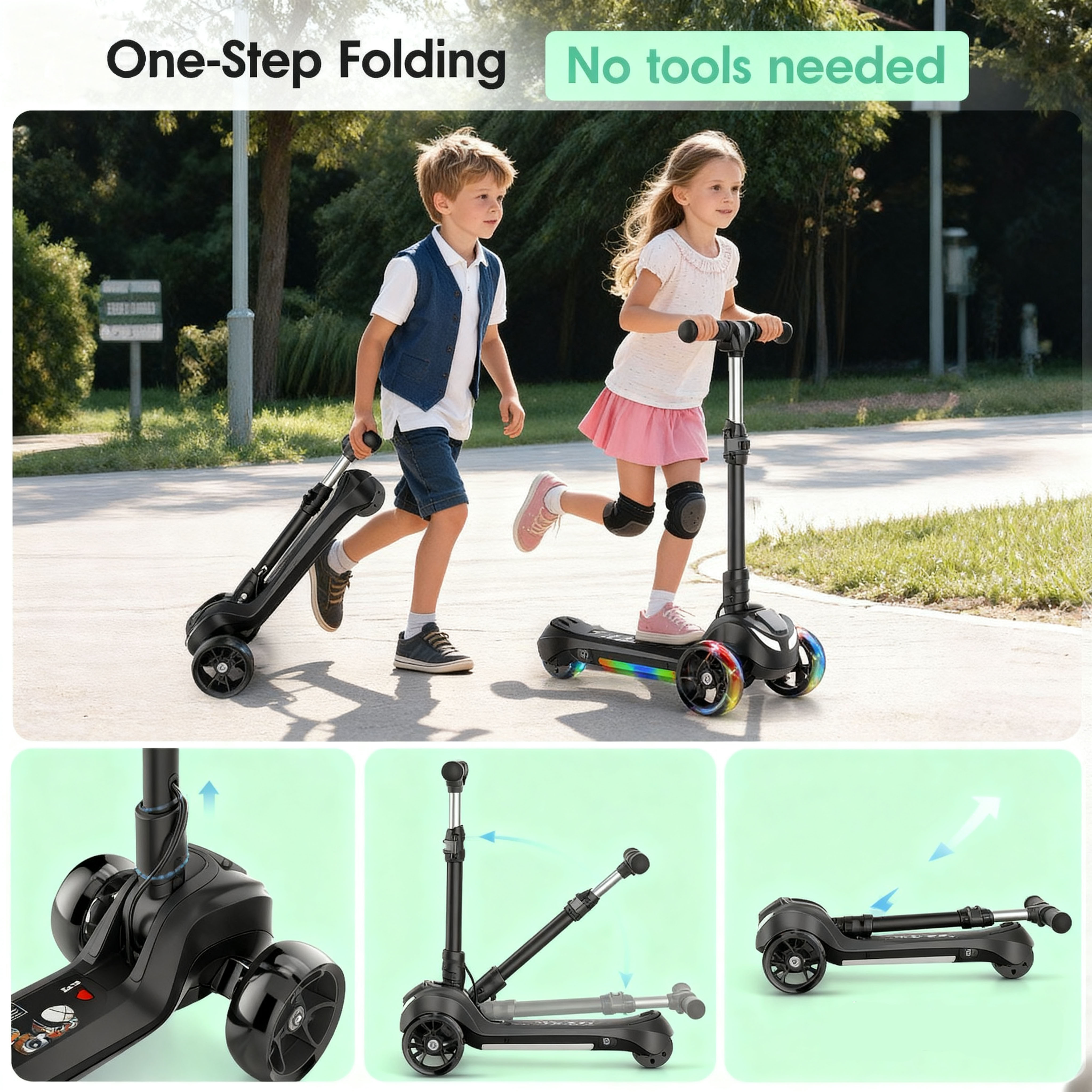 Electric Scooter for Kids Age 3-6, Bluetooth & Display Foldable 3-Wheel Escooter, Light-Up Wheels & Pedal Adjustable Scooter, 2-Speed Electric Ride On Toys (White)