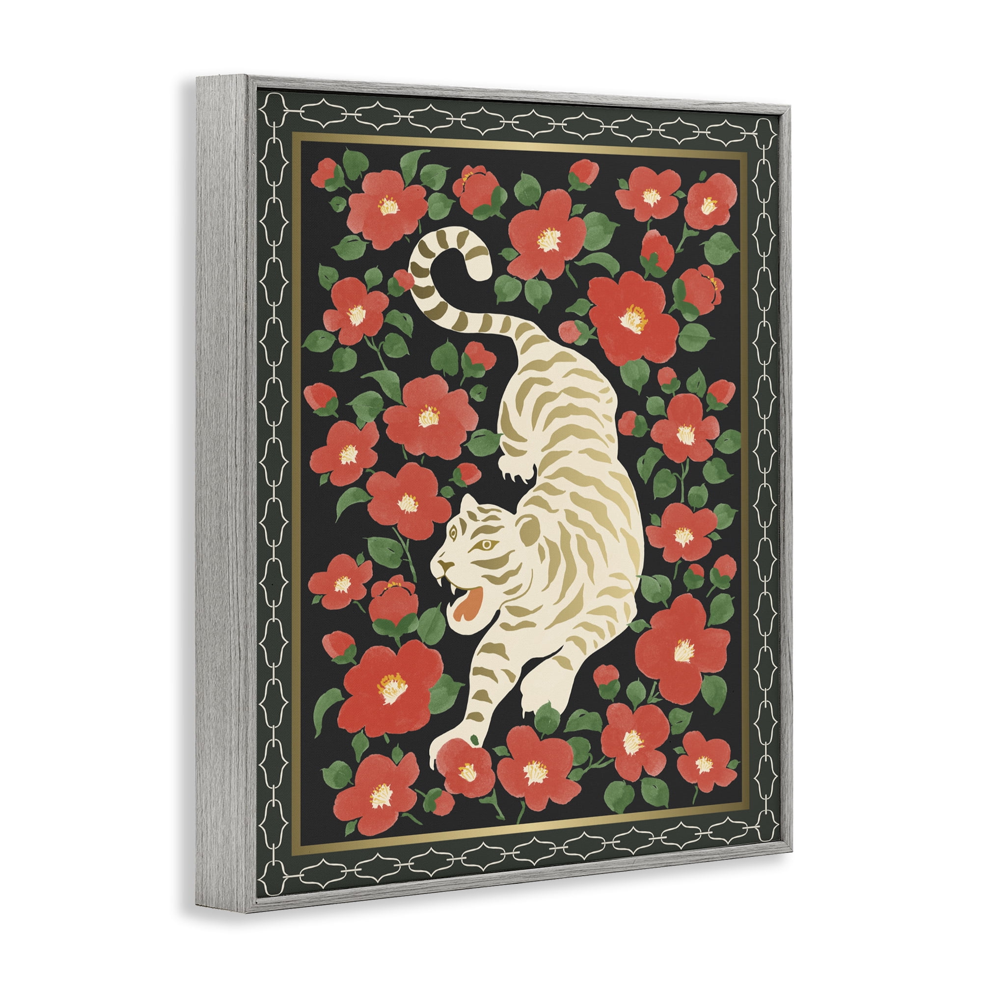 Stupell Industries Ivory Tiger Among Camelias Gray Framed Giclee Art, design by Karolina Sato