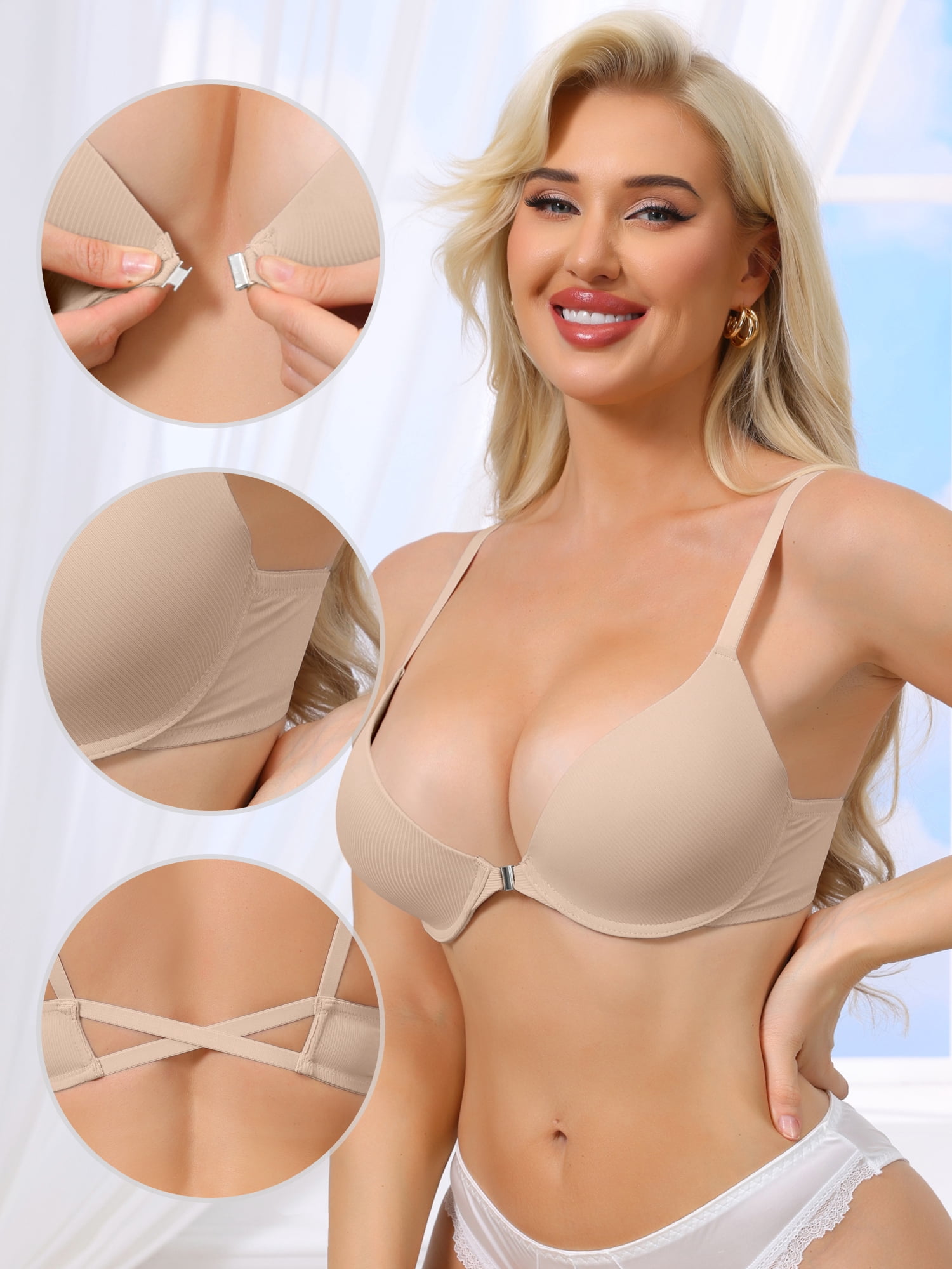 DARING DIVA Women's Push Up Adjustable Straps Bras with Front Closure B 36 Beige