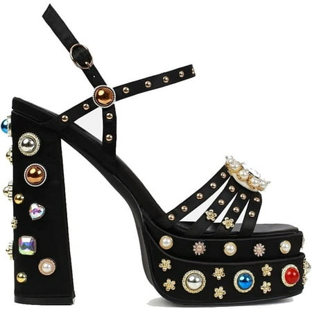 

THESHY Womens Ankle Strap Heeled Sandals Rhinestones Diamonds Platform Chunky Block High Heels Buckle Up Fashion Dress Pumps for Women