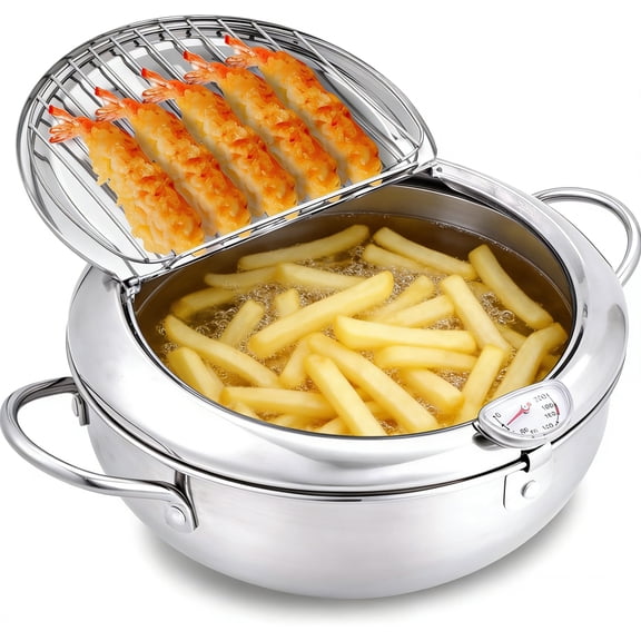 TIJITY Deep Fryer Pot, Stainless Steel Janpanese Style Tempura Frying Pot with Temperature Control, Oil Drip Drainer Rack and Lid, for Kitchen French Fries,  Shrimp, Chicken Wings (3.2L)