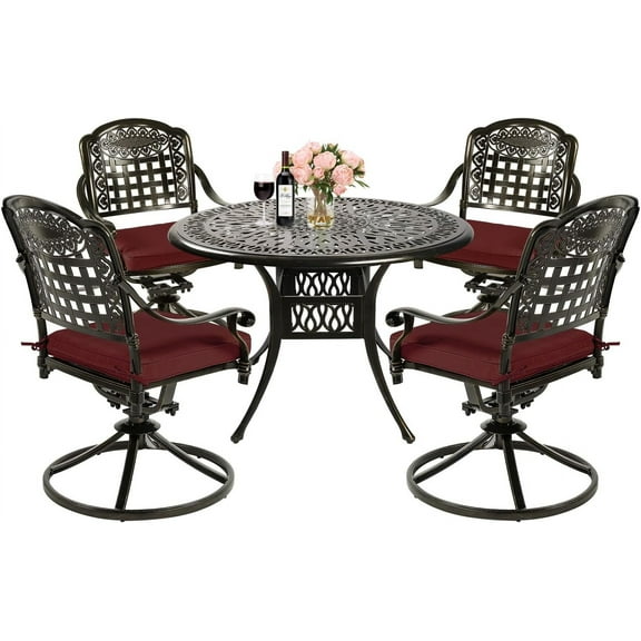 MEETWARM 5-Piece Outdoor Patio Dining Set, All-Weather Cast Aluminum Patio Conversation Set with 4 Cushions Swivel Rocker Chairs for Backyard Garden Deck and 35.4" Round Table, Chili Red