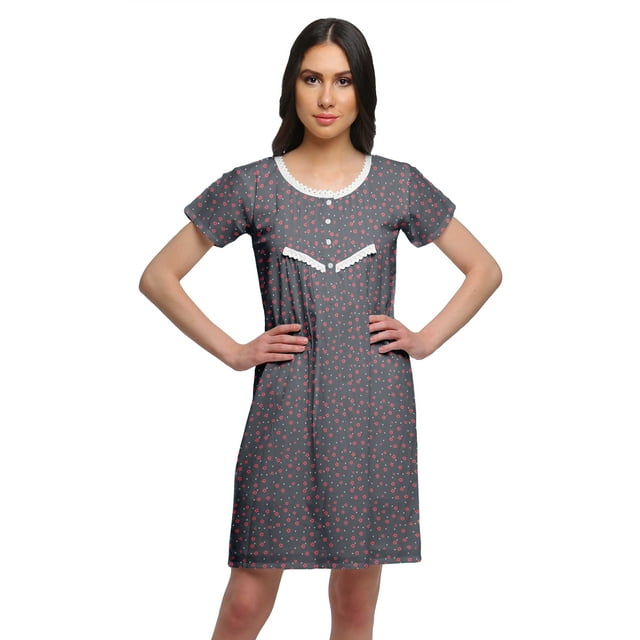Moomaya Chemise de Nuit d'Allaitement à Col Rond pour Femmes, Imprimée, à Manches Courtes