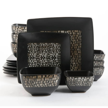 Gibson Studio 16-Piece City Jungle Double Bowl Dinnerware Set, Square, White And Black