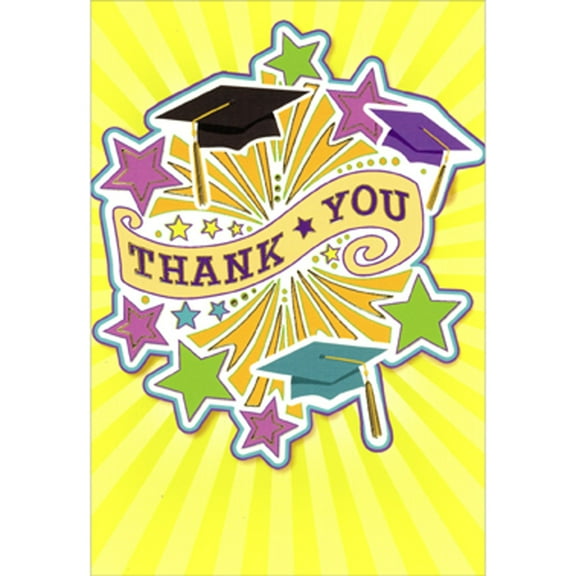 Designer Greetings Stars and Caps with Orange Burst on Yellow Starburst Background Package of 8 Graduation Thank You Notes