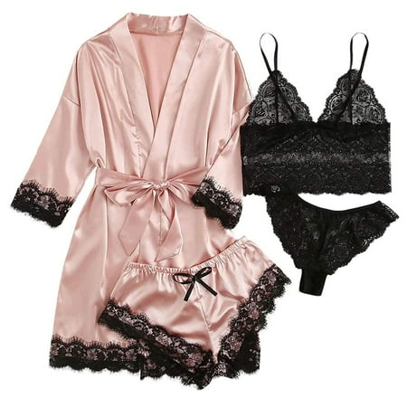 

4-Piece Women Sexy Garter Lingerie Set Robes Lace Bodysuit Deep-V Neck Underwear