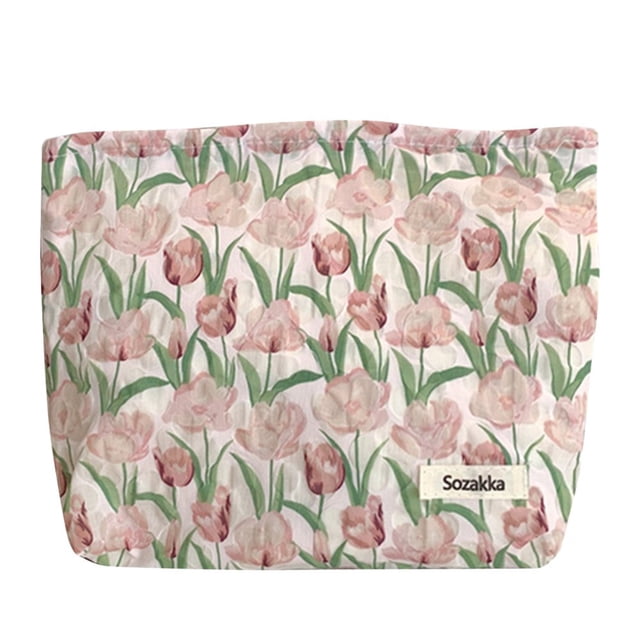 Women Cosmetic Bag Texture Tulip Print Make Up Pouch Skin Care Organizer (Beige)