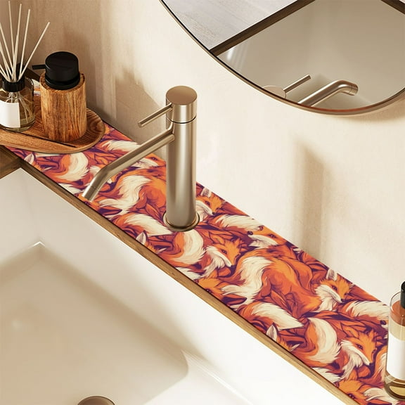 Faucet Mat for Kitchen Sink 30'' Sink Splash Guard Mat Super Absorbent Fast Drying Drain Pad Cartoon Foxes 2 Pack