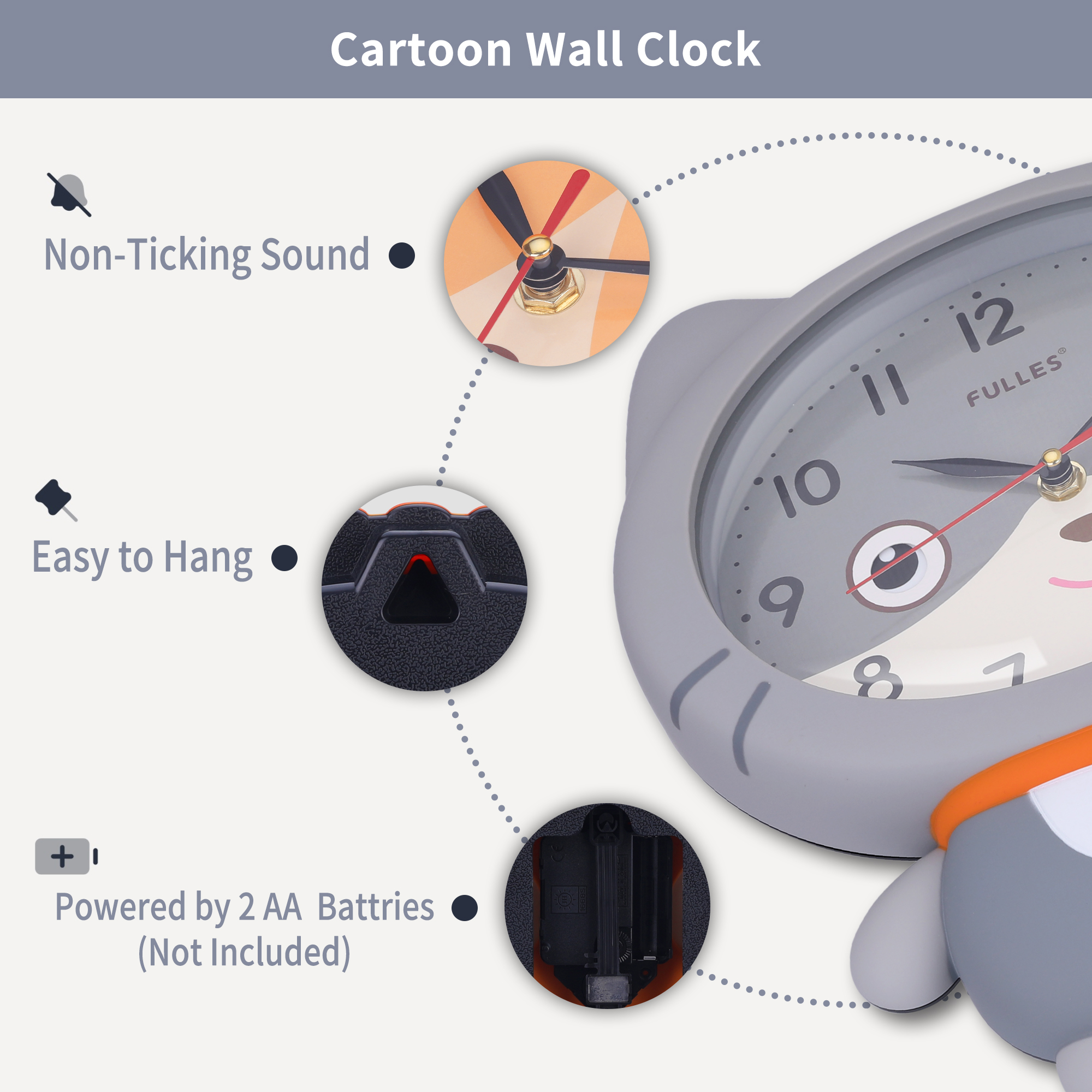 Unique Bargains 1pc Cartoon Cat Mechanism Wall Clock for Home 15" x 10" x 2.4" Grey