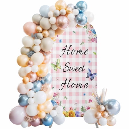 Spring Floral Arch Backdrop Cover 7.2 FT Home Sweet Home Sunflower Tulip Daisy Butterfly Pink Plaid Stretchy Arch Stand Covers Spandex Arched Background Birthday Wedding Party Decoration (No Stand)