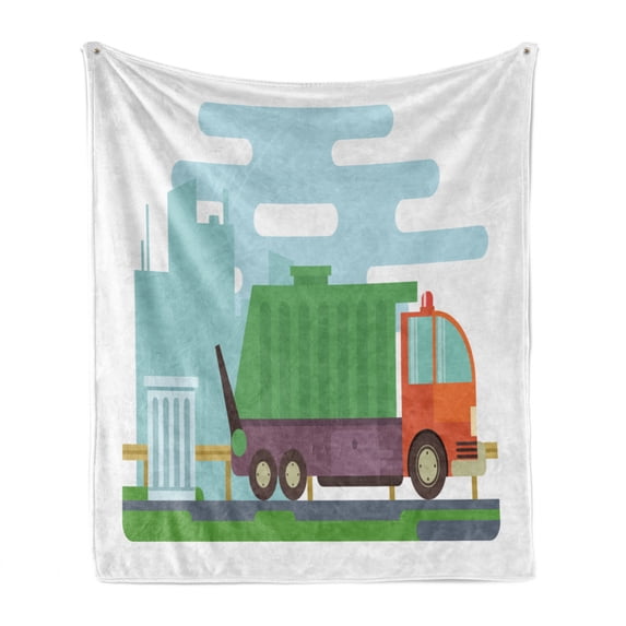 Garbage Truck Soft Flannel Fleece Throw Blanket, Doodle Style Interpretation of a Garbage Transportation Container on Road, Cozy Plush for Indoor and Outdoor Use, 70" x 90", Multicolor, by Ambesonne