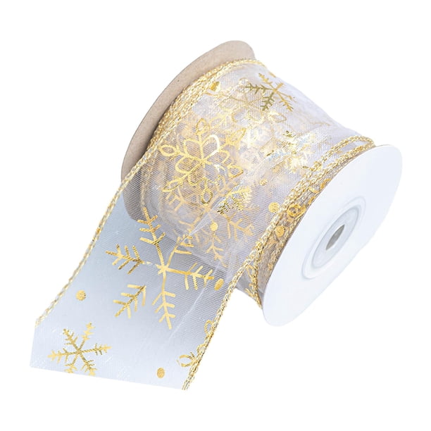 Cinta navideña decorativa de 9 m de ancho para envolver regalos con motivos navideños. Patrón de oro blanco