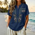 thumbnail image 2 of Embroidered Linen Shirt for Women, V-Neck Short Sleeve Cotton Blend Tunic with Floral Details - Loose Fit Casual Summer Top Navy XXXL, 2 of 8