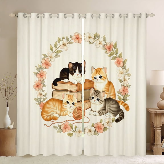 Manfei Kawaii Kitten Blackout Curtains, Boho Western Flower Window Curtains Pack of 2 (38x45 Each), Cream