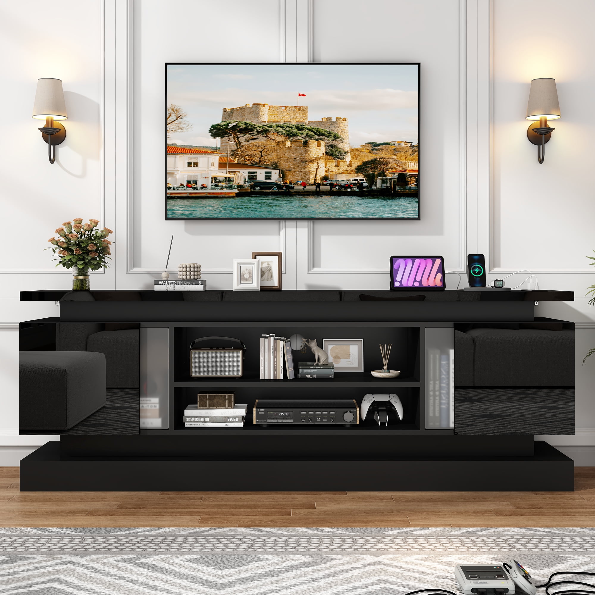 ChVans 71" LED TV Stand for TVs up to 85" with Power Outlets, High Gloss Surface, 2 Storage Cabinet, Modern Style, TV Media Console with Storage, Black