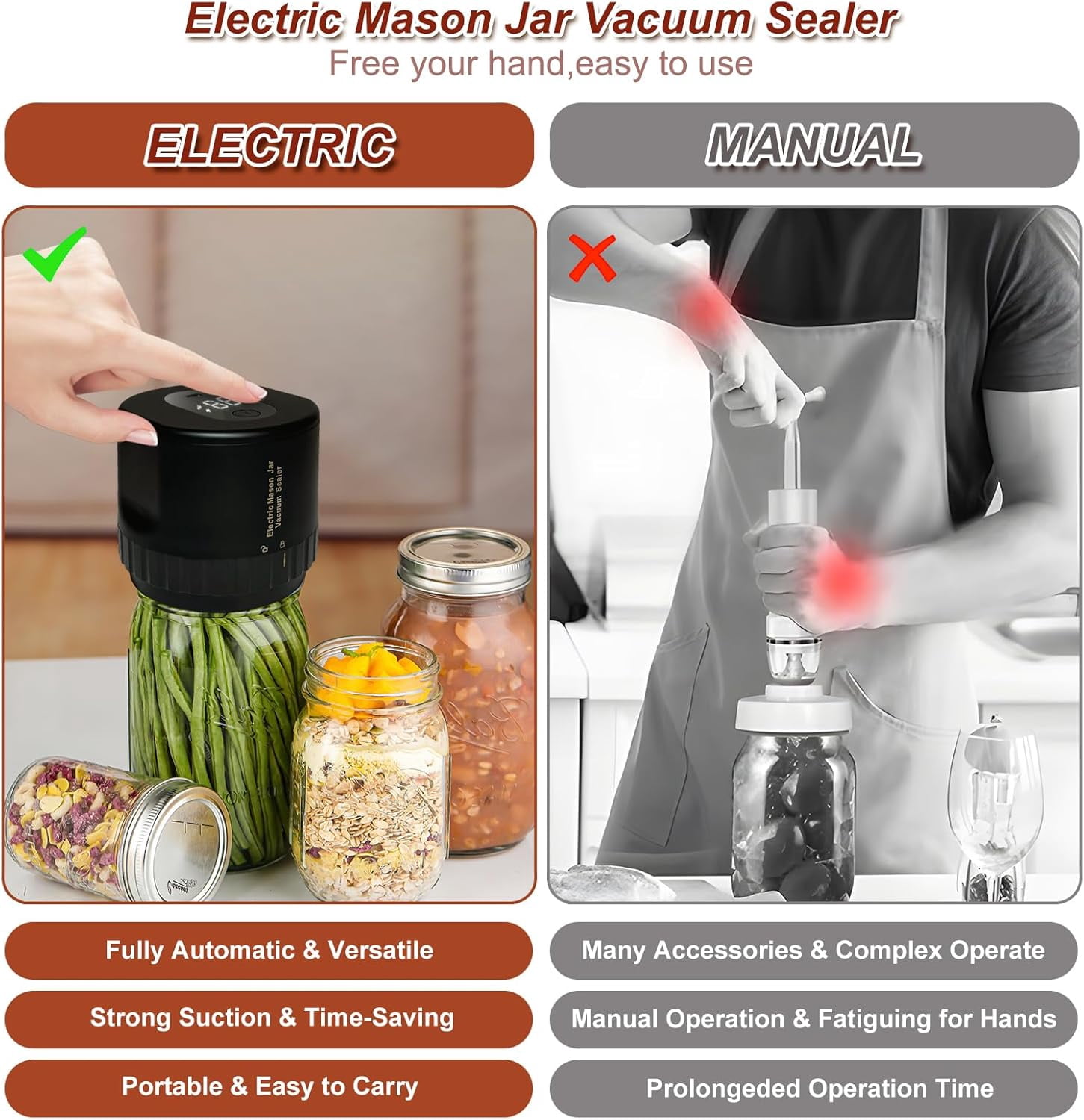 Auto Stop Electric Mason Jar Vacuum Sealer Kit, Portable Cordless Automatic Jar Sealer Kit for Wide Mouth and Regular Mouth for Food Storage and Fermentation