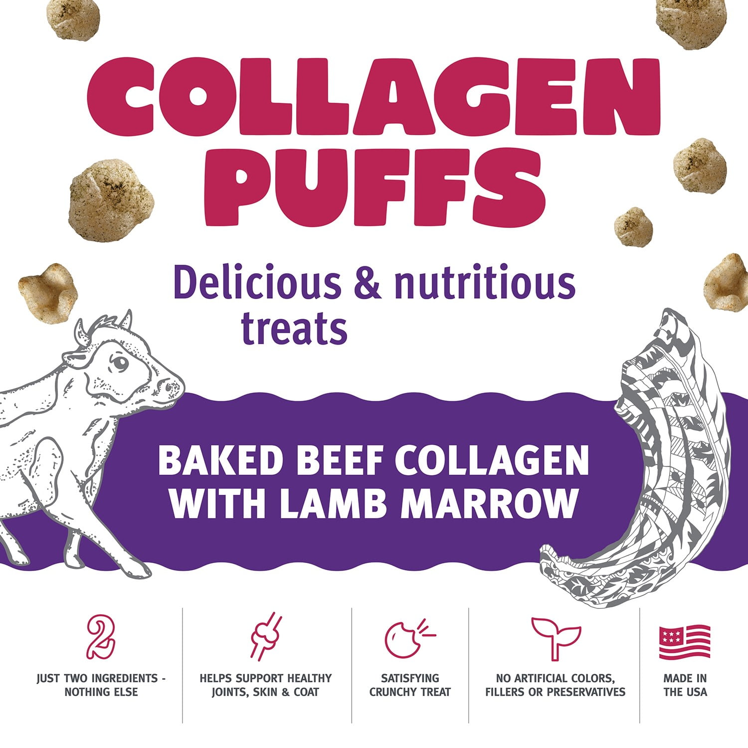Icelandic+ Collagen Puffs: Baked Beef with Lamb Marrow - .5oz Bag, Small Cat Treats, Crunchy Protein Bites, 2 Ingredient Pet Treats, Natural Snacks