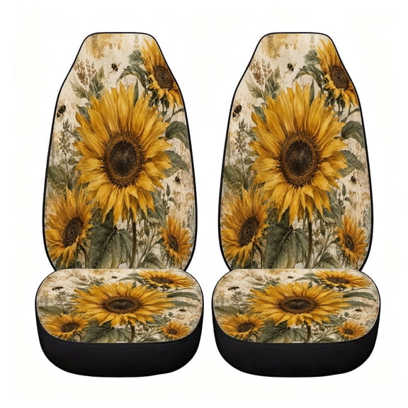Verolix Classic Vintage Sunflower Wood Car Seat Covers, Front Seats Only Set of 2, Universal High Back Mesh Fabric Seat Covers for Cars, SUVs, Sedans and Vans