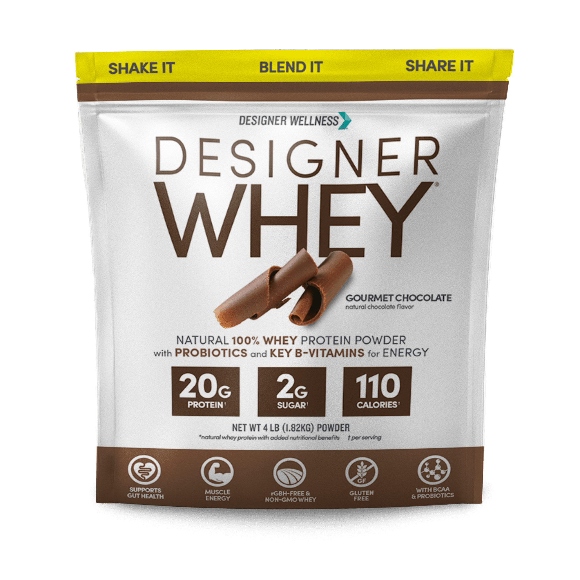 Designer Wellness, Designer Whey, Natural 100% Whey Protein Powder with Probiotics, Fiber, and Key B-Vitamins for Energy, Gluten-free, Non-GMO, Gourmet Chocolate, 4 lb