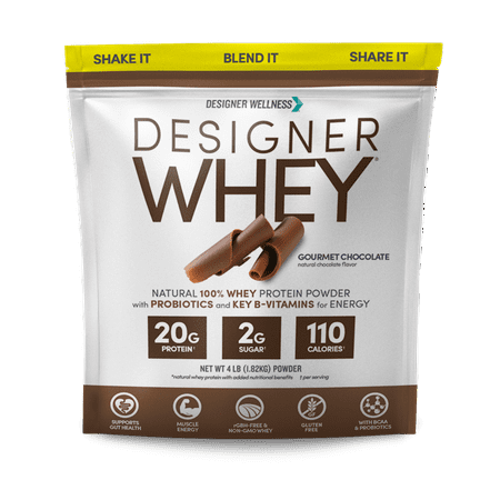 Designer Wellness, Designer Whey, Natural 100% Whey Protein Powder with Probiotics, Fiber, and Key B-Vitamins for Energy, Gluten-free, Non-GMO, Gourmet Chocolate 4 lb