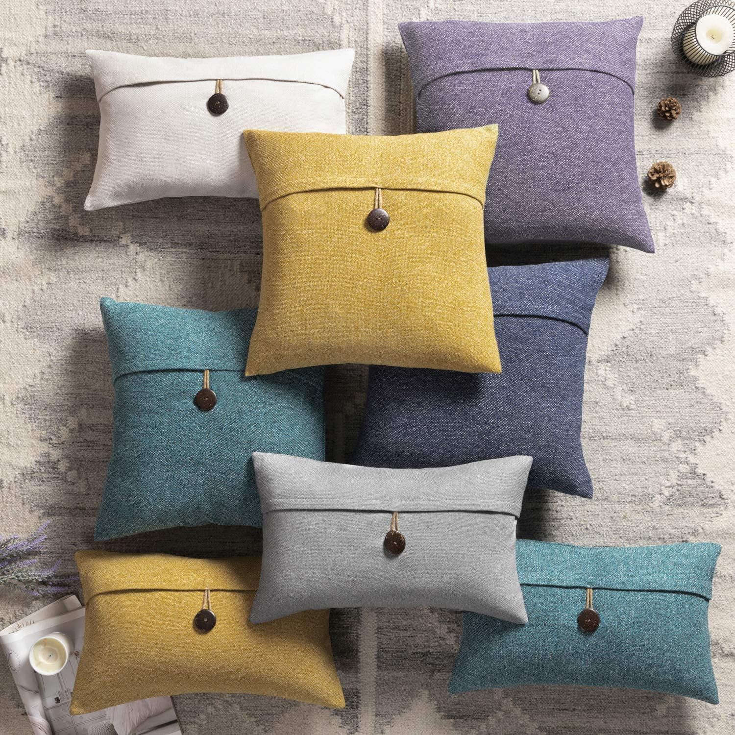 Phantoscope Single Button Cotton Blend Series Decorative Throw Pillow, 20” x 20”, Off-White, 2 Pack