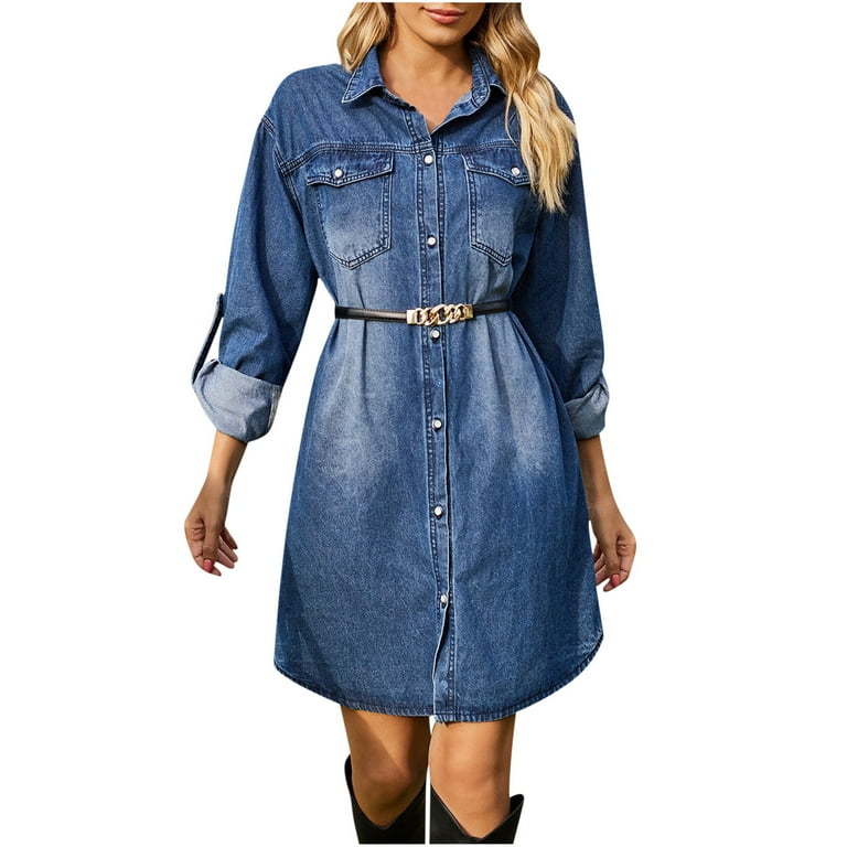 Denim Dress for Women 2023 Retro Long Sleeve Belted Button Denim Dress for Women 2023 Retro Long Sleeve Belted Button