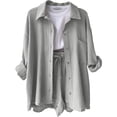 thumbnail image 5 of CCRFTGI 2 Piece Sets for Kids Girls Size 14-16 Casual Linen Sets Teenage Summer Long Sleeve Cotton Linen Button Down Shirt Baggy Wide Leg Shorts Big Sister Outfit Activewear Light Gray 9-10 Years, 5 of 5