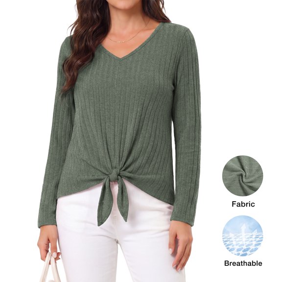 Asklazy Women's Ribbed Knit V-Neck Tie Front Long Sleeve Slim Fit Casual Tunic Tops,US Size,Green,L