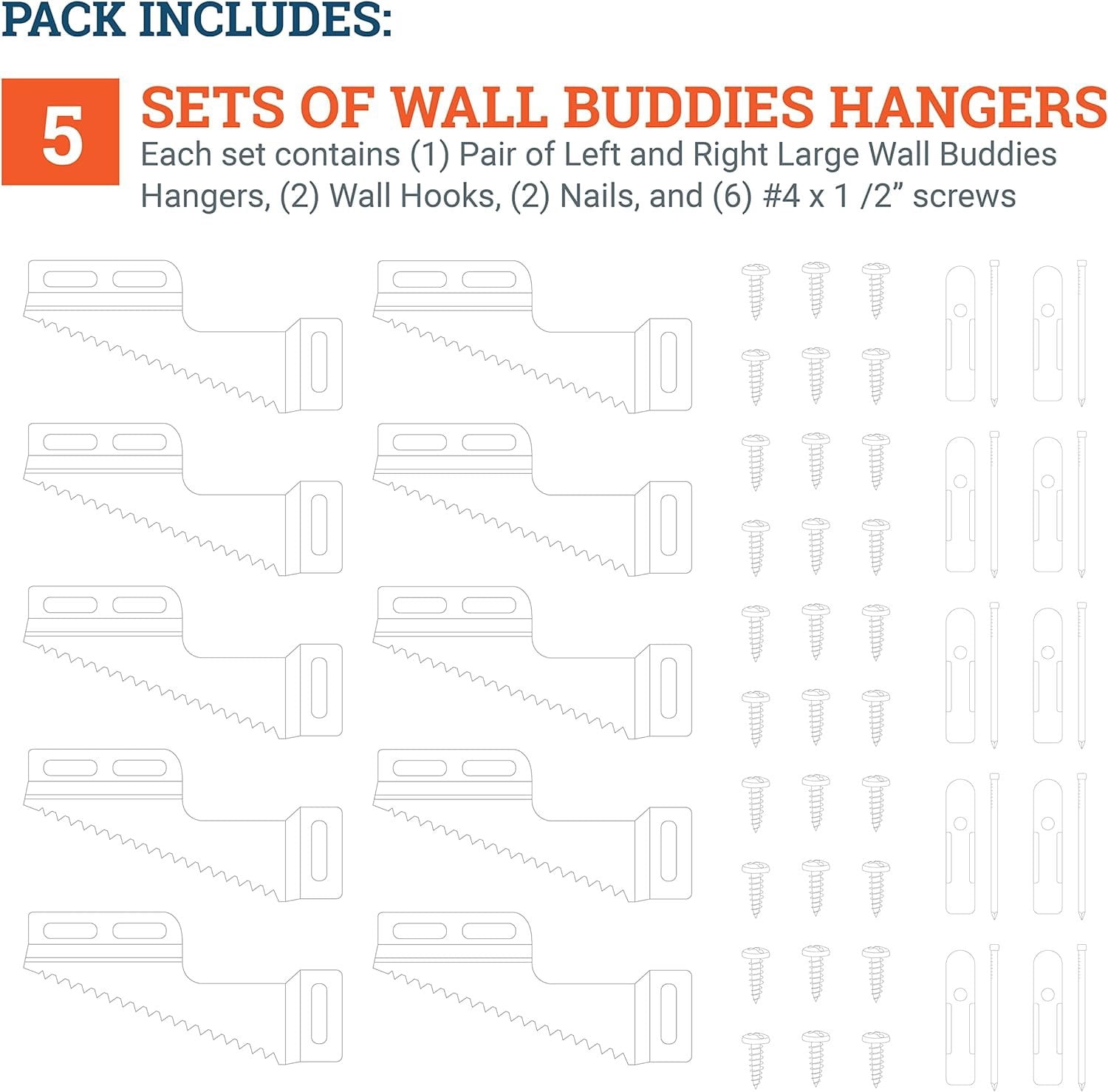 Picture Hang Solutions - 30 lb Capacity Small Wall Buddies - Includes Wall Hangers, Nails, and Screws 5 sets per pack