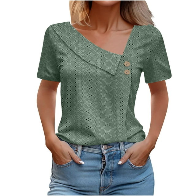 fheaev Eyelet Embroidery Tops For Women Tops Summer Spring Button V-Neck Tunic Tops Short Sleeve Business Blouses Shirts Casual Hollow Out Cute Tops