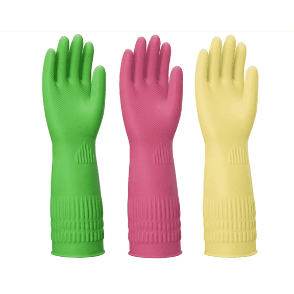 3 Pairs of Rubber Dishwashing Gloves for Kitchen and Household Cleaning – Long Cuff 15", Reusable, Flexible Long-lasting and Non-Slip (Red Yellow Green, Large)