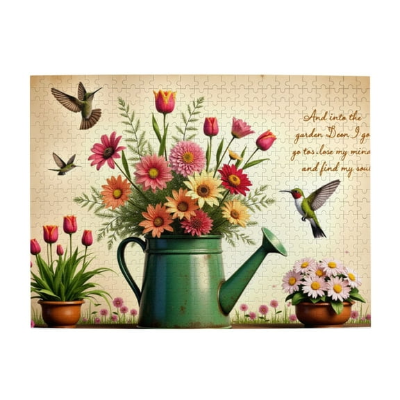 500 Piece Jigsaw Puzzles For Adults Hummingbirds & Flowers In Watering Can Relaxing Garden Scene Puzzle Challenging And Fun Activity Unique Artwork Great Gift Idea